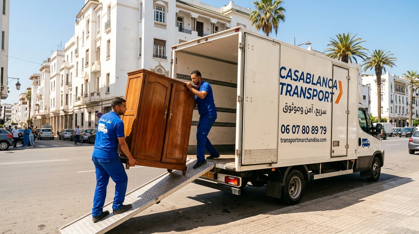 Techniciens emballant un fauteuil fragile avec film bulle à Casablanca