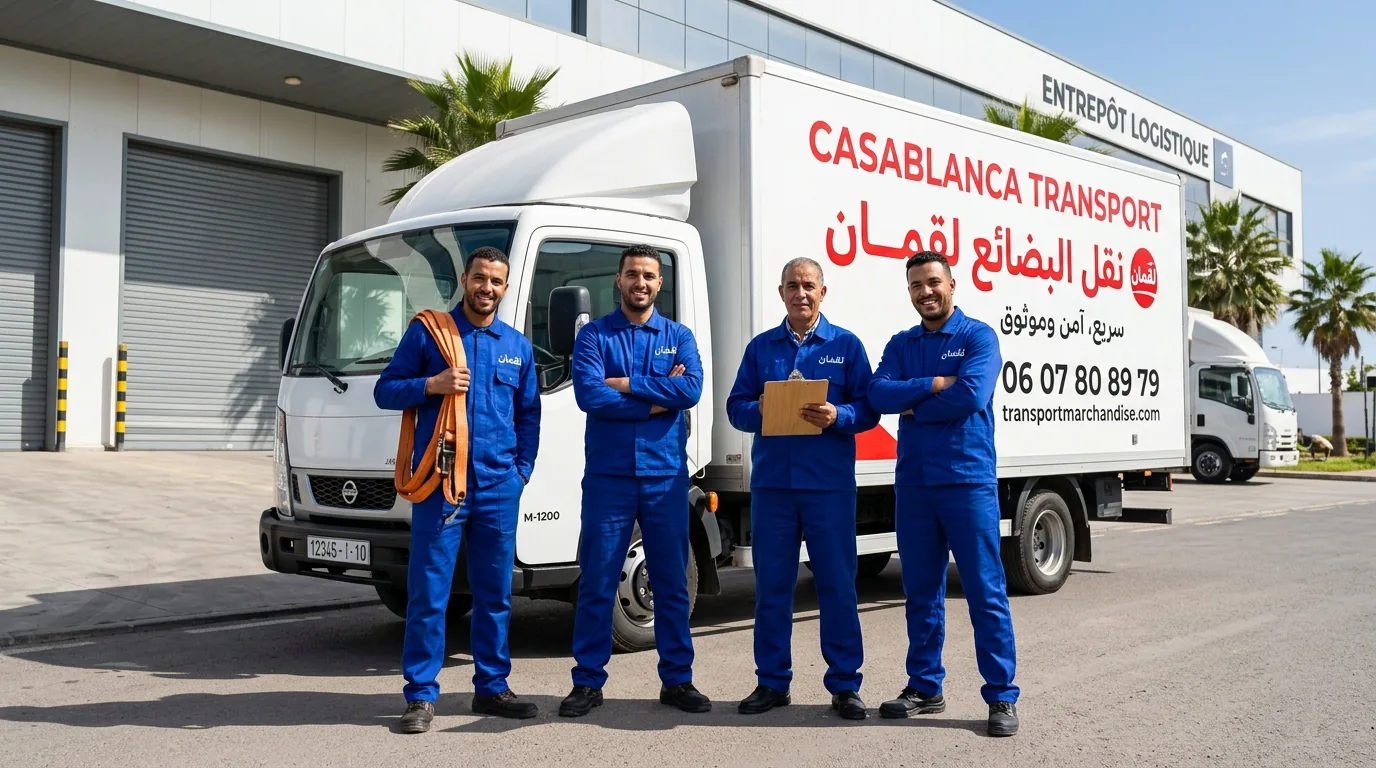 Équipe de Casablanca Transport devant un camion de livraison à Casablanca